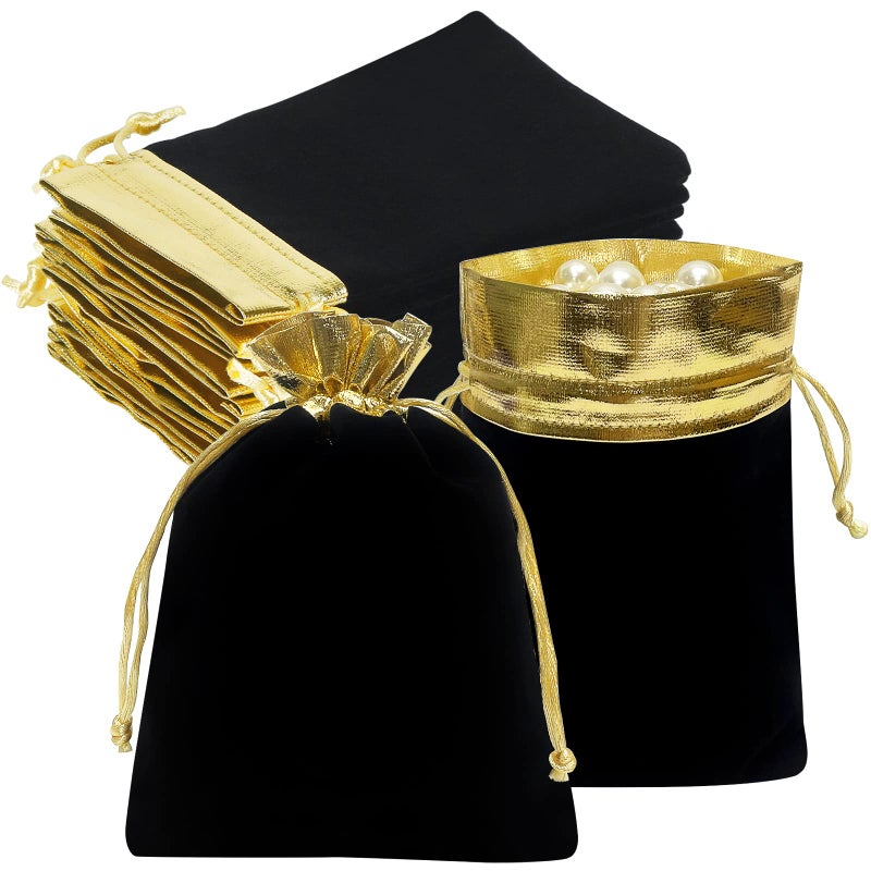 HRX Package 10pcs Velvet Bags with Drawstrings 5x7 inch Black Gold Cloth Gift Pouches Baggies Sacks for Jewelry Dice Party Favor